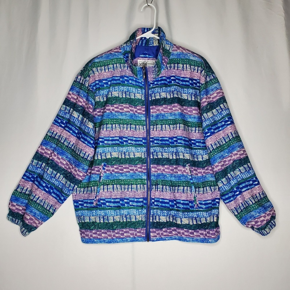 Vital Zone Vtg Silk Bomber Track Jacket Women Large 80s Blue Green Stripe Pocket